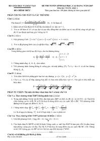 Đề thi tuyển sinh Đại học, Cao đẳng môn Toán - Khối A - Năm học 2007 Đề thi tuyển sinh Đại học, Cao đẳng môn Toán - Khối A - Năm học 2007